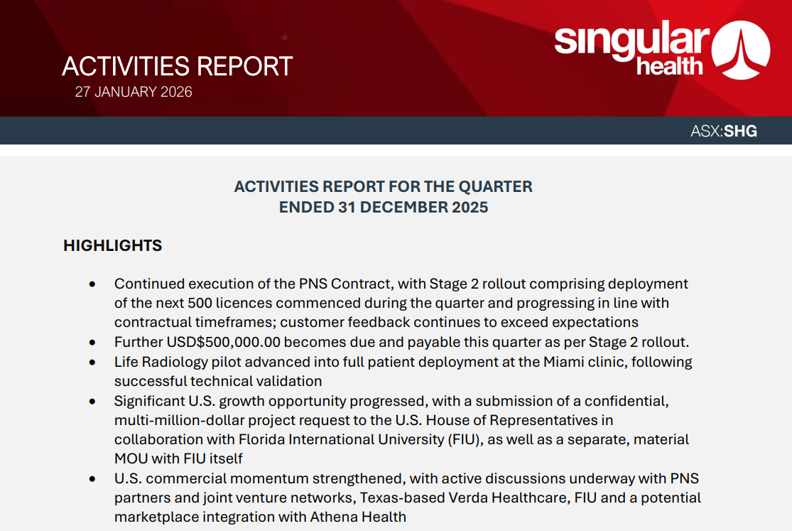 Singular Health activities report slide dated 27 January 2026 outlining quarterly highlights and US growth progress