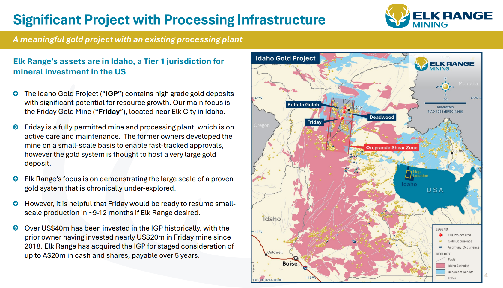 Significant Project with Processing Infrastructure outlining Elk Range Mining's Idaho Gold Project and Friday mine with regional map