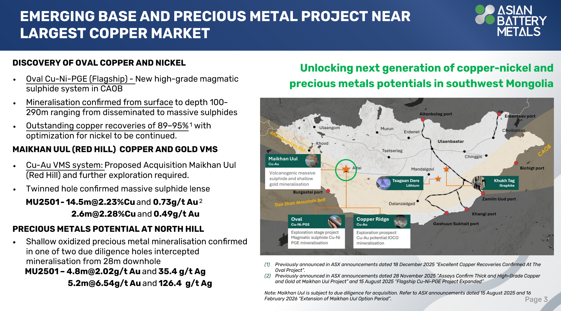 Emerging Base and Precious Metal Project Near Largest Copper Market outlining Oval copper-nickel discovery and Mongolia project map