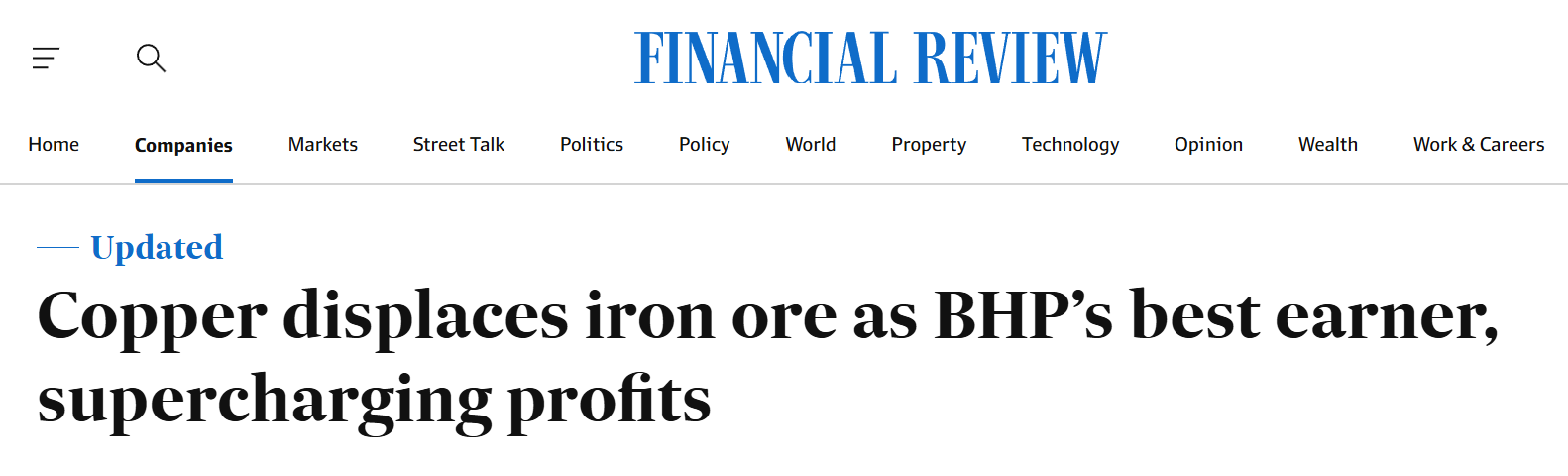Financial Review headline on copper overtaking iron ore as BHP’s top profit driver.