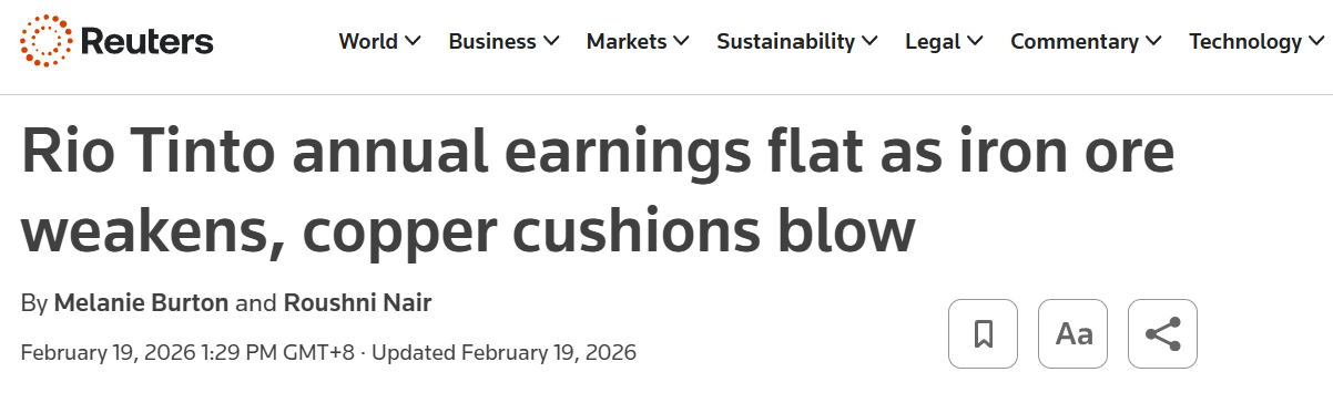 Reuters headline on Rio Tinto earnings flat as weaker iron ore offset by copper strength.