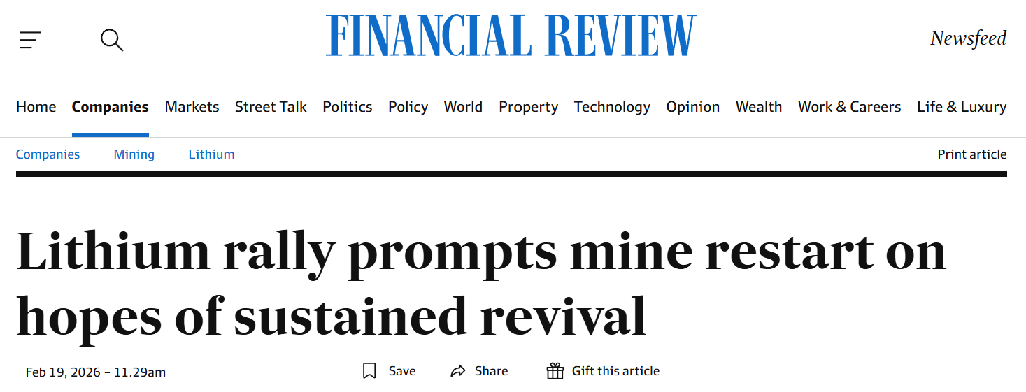 Financial Review headline on lithium rally driving mine restarts amid revival hopes.