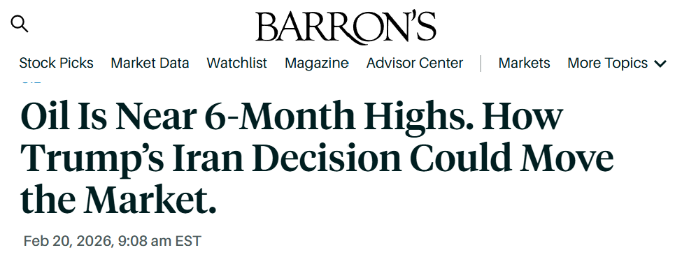 Barron’s headline on oil near six-month highs and impact of Trump’s Iran decision on markets.