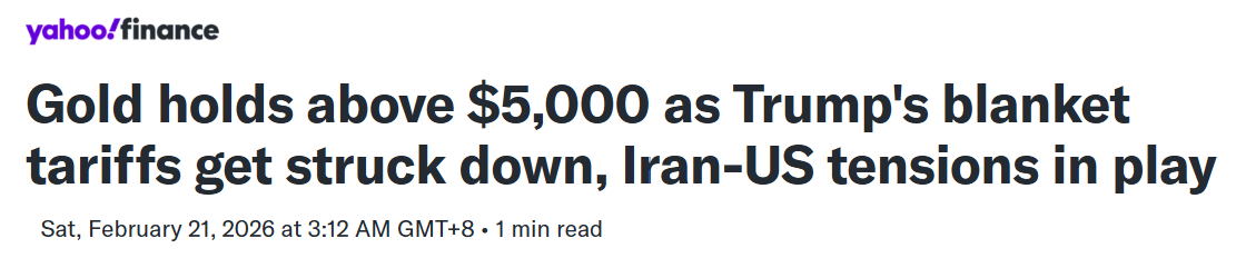 Yahoo Finance headline reporting gold above $5,000 amid tariff ruling and Iran–US tensions.