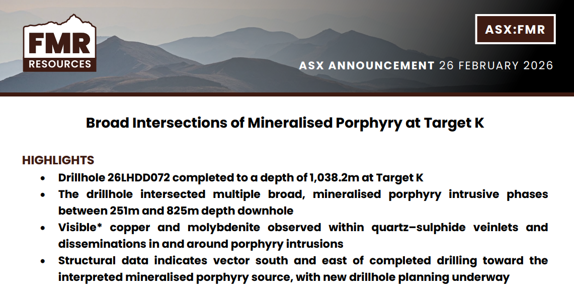 FMR Resources ASX announcement on broad mineralised porphyry intersections at Target K, dated 26 February 2026.