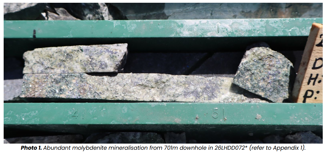 Drill core tray showing mineralised rock with visible molybdenite from 70 metres depth.