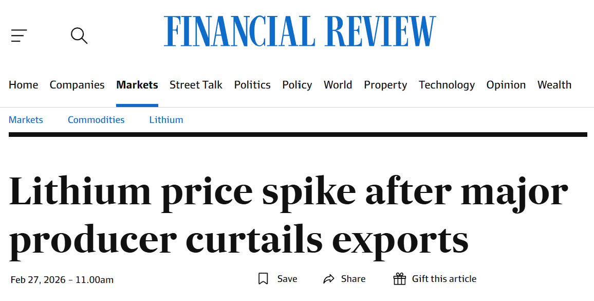 Financial Review headline reporting lithium price spike after major producer cuts exports, dated 27 February 2026.