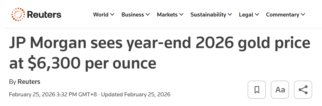 Reuters headline reporting JP Morgan forecasts 2026 year-end gold price at $6,300 per ounce.