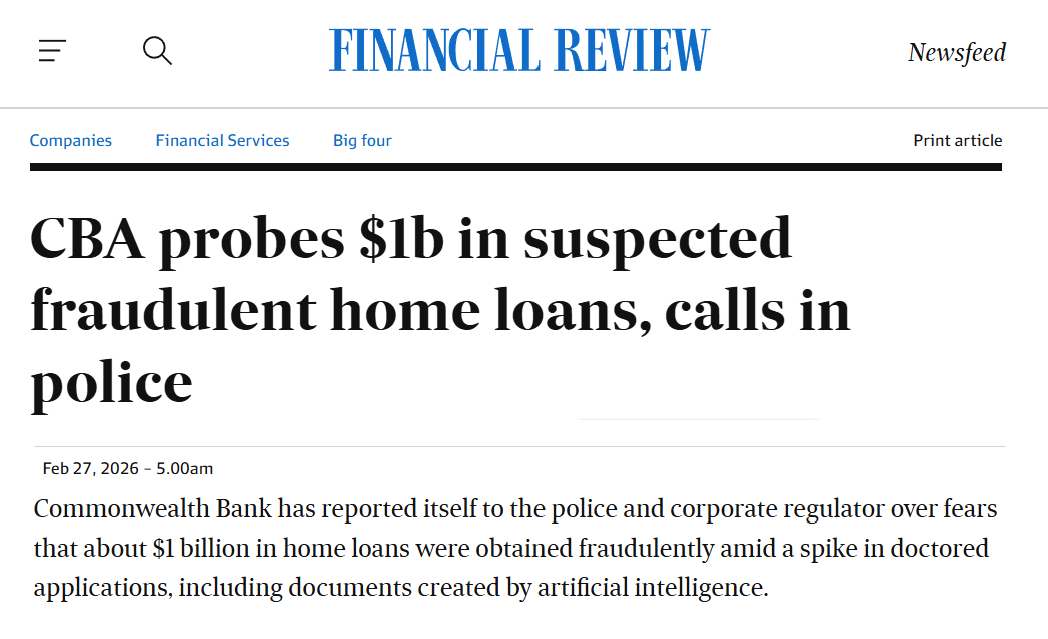 Financial Review headline on CBA investigating $1b suspected fraudulent home loans and contacting police.