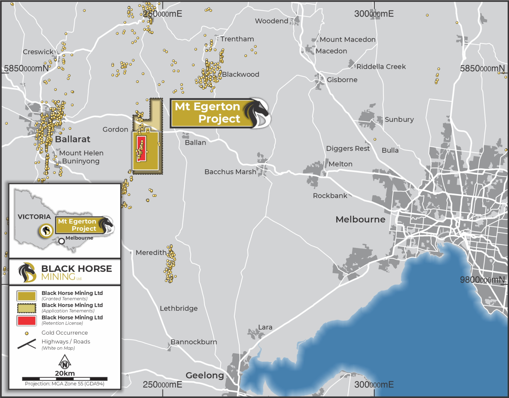Map of Victoria showing the Mt Egerton Project near Ballarat, west of Melbourne, with surrounding gold occurrences.