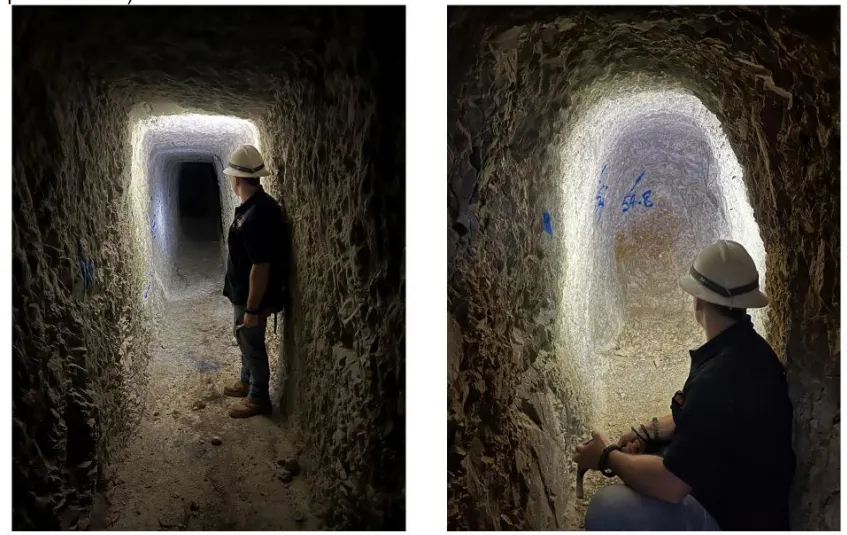 Two photos of a geologist wearing a hard hat standing inside a narrow underground gold mine tunnel illuminated by bright light.