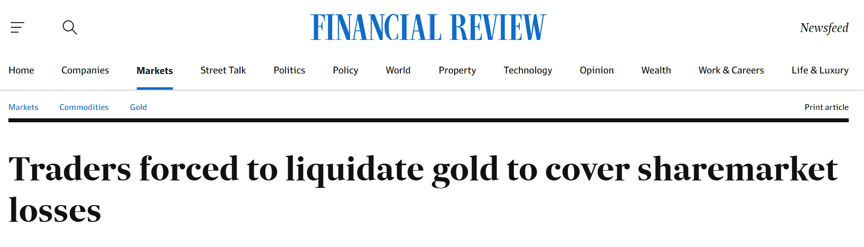 Australian Financial Review headline reporting traders selling gold to cover losses in sharemarkets.