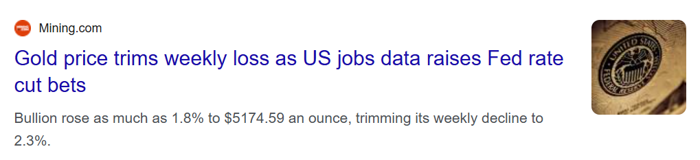 Mining.com article preview reporting gold trimming weekly losses as US jobs data lifts expectations of Federal Reserve rate cuts.