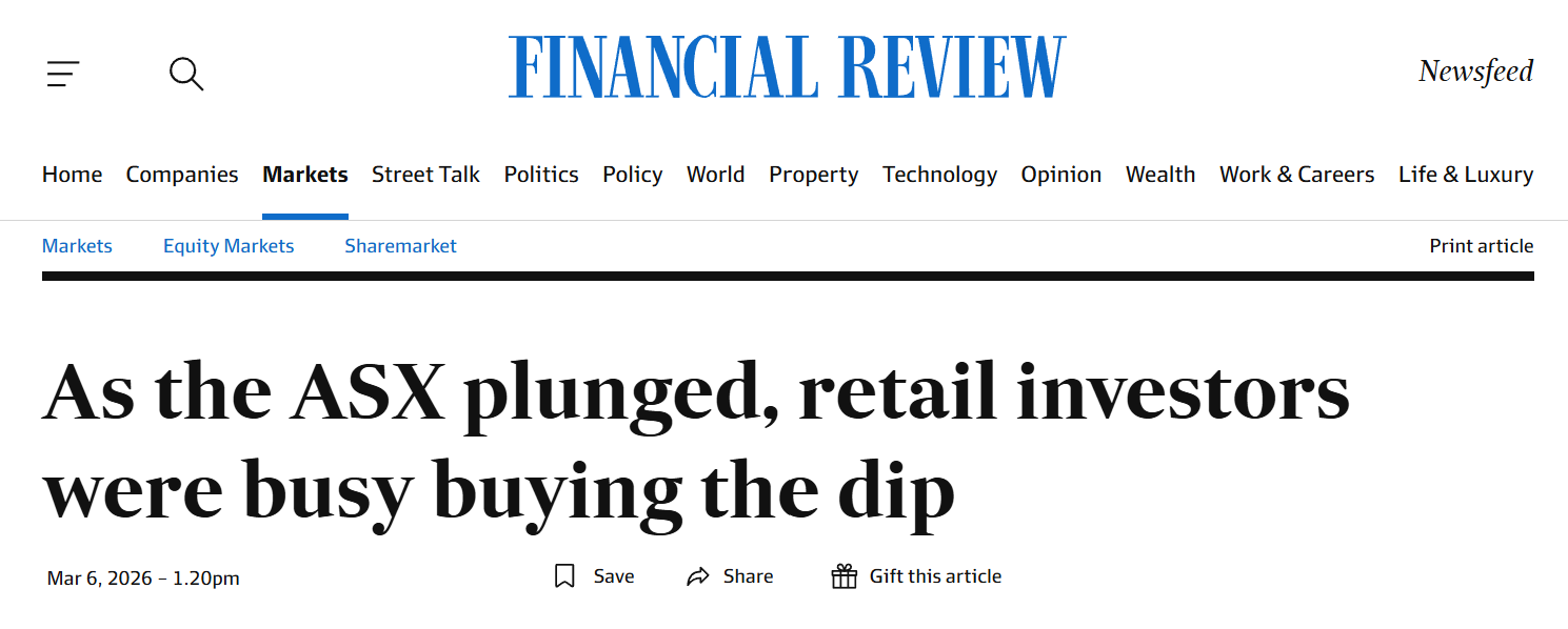 Australian Financial Review headline reporting retail investors buying the dip as the ASX plunged.