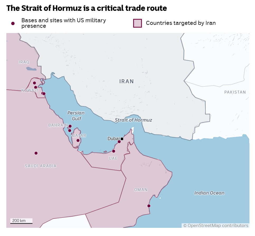 Map of the Persian Gulf highlighting the Strait of Hormuz, nearby countries, and locations of US military bases.
