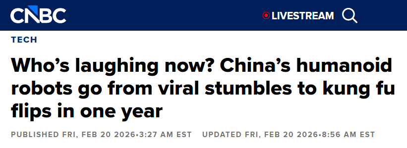 CNBC headline reporting rapid progress in China’s humanoid robots, from early failures to advanced athletic movements within a year.