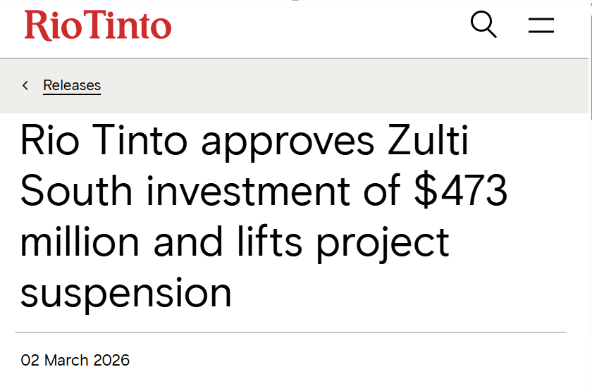 Rio Tinto announcement approving a $473 million investment to restart and advance the Zulti South mineral sands project.