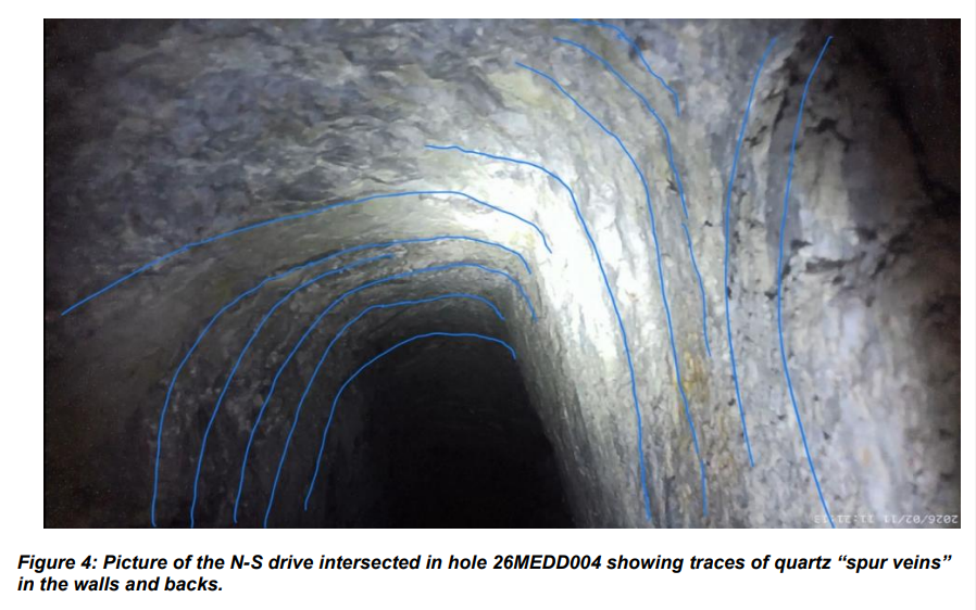 Underground mine drive showing blue lines marking quartz spur veins along the tunnel walls and roof.