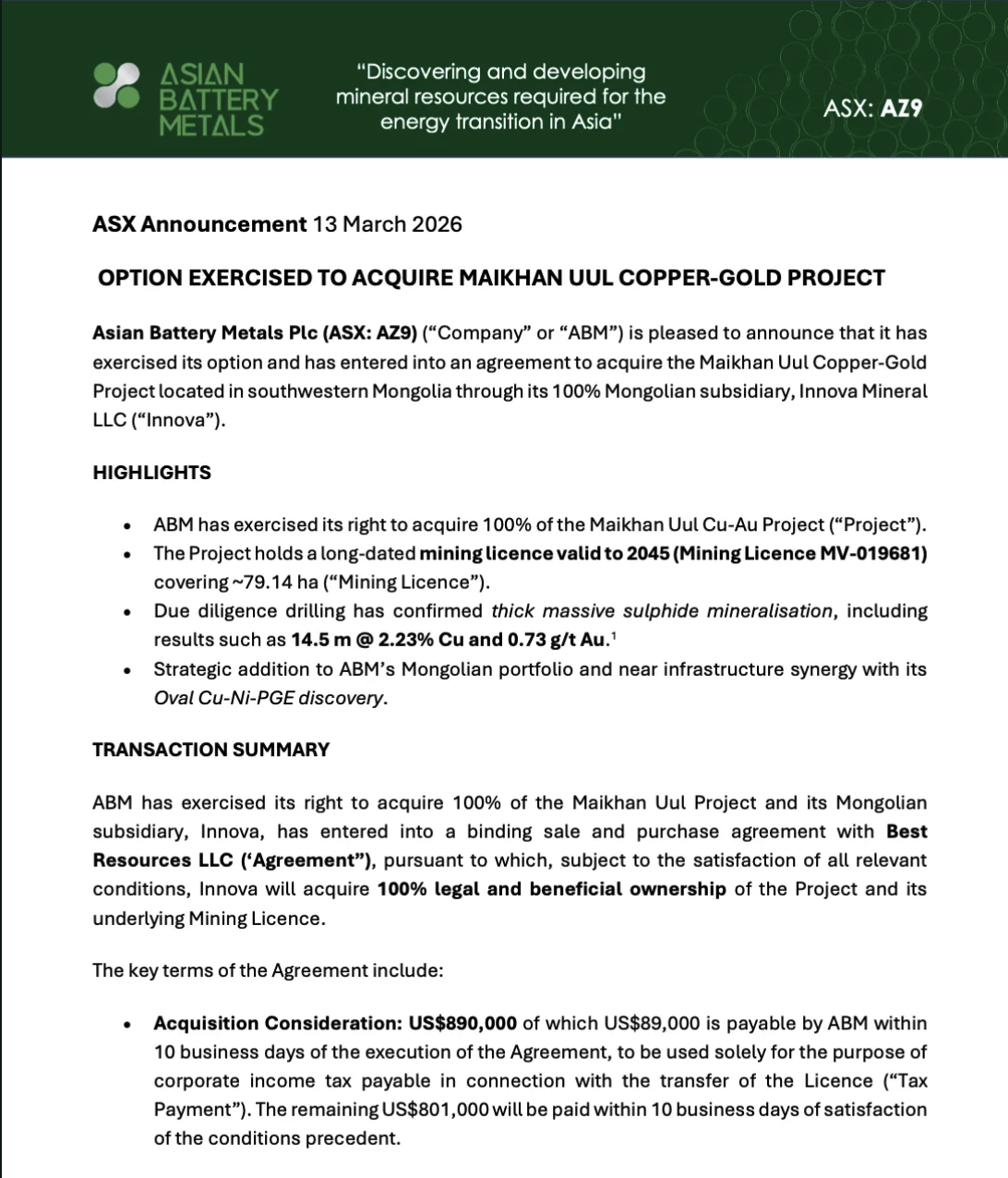 Asian Battery Metals announcement on exercising its option to acquire the Maikhan Uul copper-gold project in Mongolia