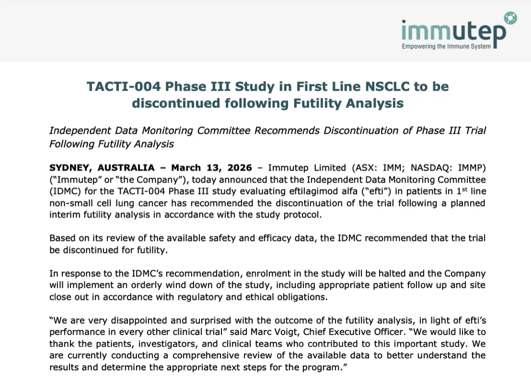 Immutep announcement saying its Phase III TACTI-004 lung cancer study will be discontinued after a futility analysis