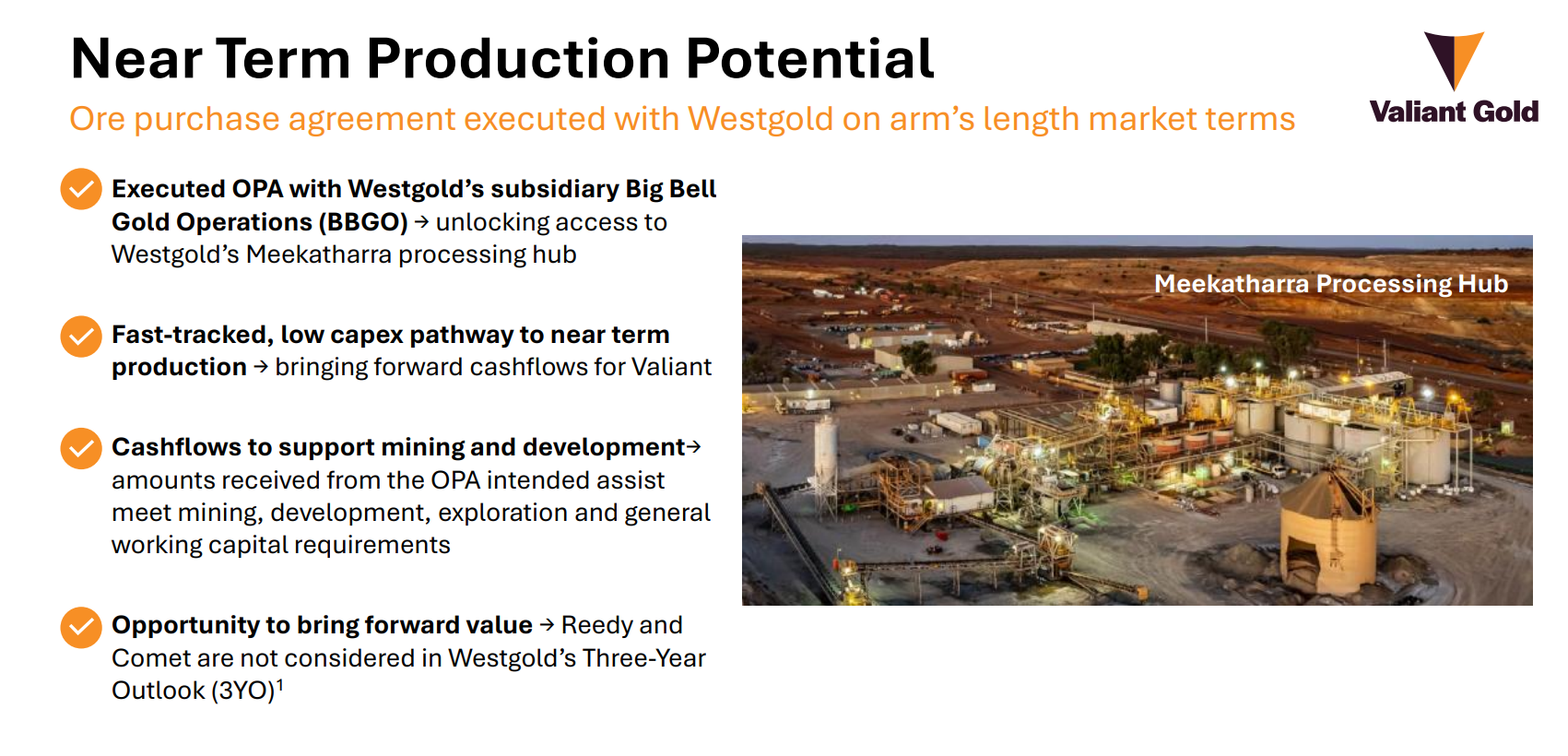 Valiant Gold slide outlining near-term production potential via ore purchase agreement with Westgold and access to Meekatharra processing hub.