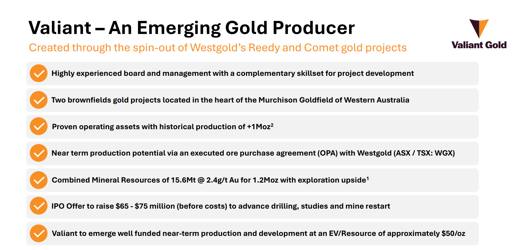 Valiant Gold slide outlining emerging gold producer status with Reedy and Comet projects, 1.2Moz resource and planned $65–75m IPO funding.