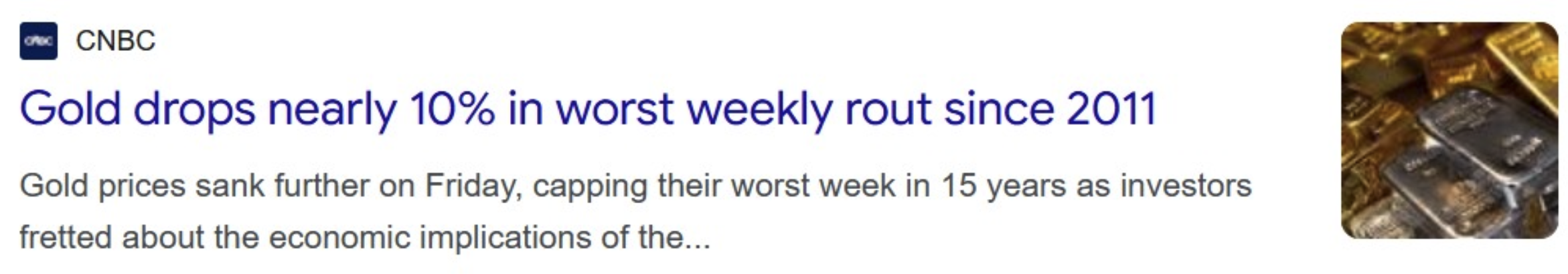 CNBC headline reporting gold fell nearly 10% in its worst weekly rout since 2011, with gold bars thumbnail image.