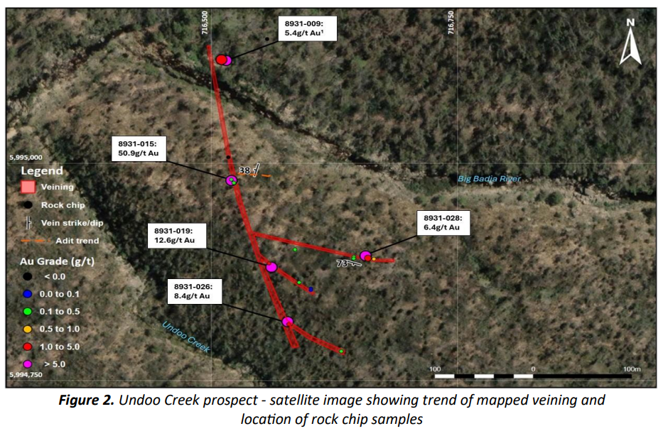 Satellite map of Undo Creek prospect showing mapped gold-bearing vein trend and rock chip sample grades up to 50.9 g/t near Big Badia River