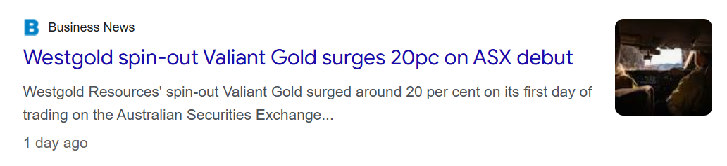 News snippet headline: “Westgold spin-out Valiant Gold surges 20pc on ASX debut” with brief summary and Business News label.