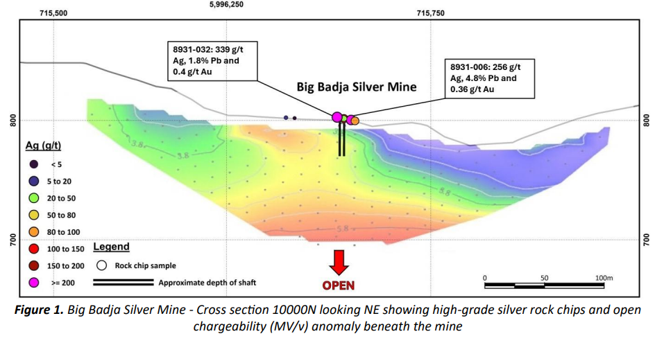 Cross-section of Big Badja Silver Mine showing high-grade silver rock chips up to 339 g/t Ag and open chargeability anomaly beneath historic workings