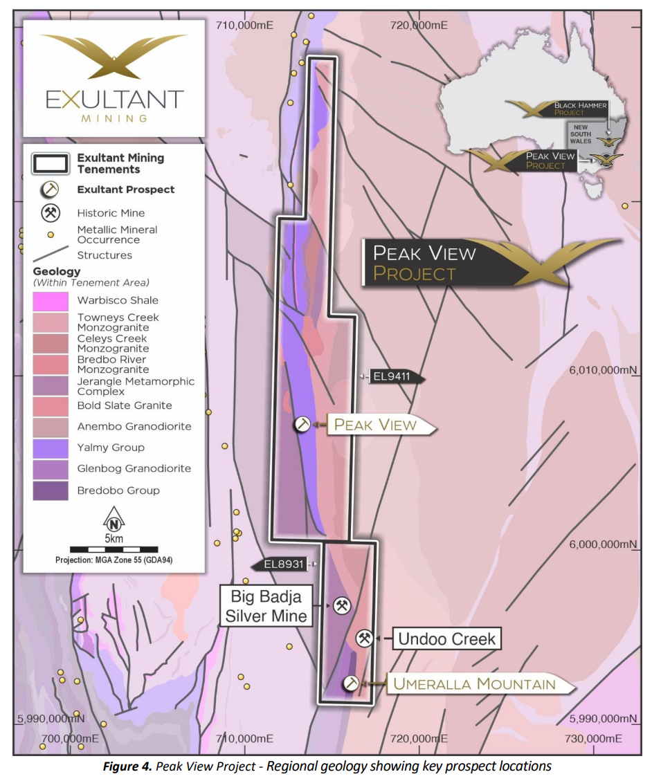 Peak View Project regional geology map showing Exultant tenements, Big Badja Silver Mine, Undoo Creek and Umeralla Mountain prospect locations