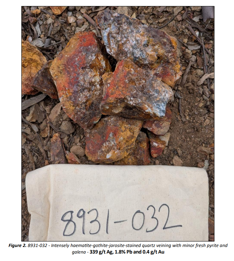 Rock chip sample 8931-032 showing iron-stained quartz veining with pyrite and galena, returning 339 g/t silver, 1.8% lead and 0.4 g/t gold