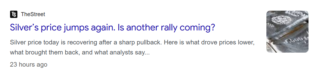 News headline from TheStreet reporting silver price jumping again and questioning whether another rally may be coming