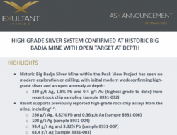 ASX announcement slide from Exultant Mining reporting high-grade silver at historic Big Badja Mine with rock chip results up to 339 g/t Ag and open depth targe