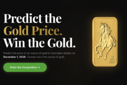 Gold prediction competition banner showing a 1oz gold bar featuring a horse design. Text reads "Predict the Gold Price. Win the Gold." with details to predict the price of an ounce of gold in Australian dollars on December 1, 2026. Closest wins the ounce of gold. Green button reads "Enter the Competition."