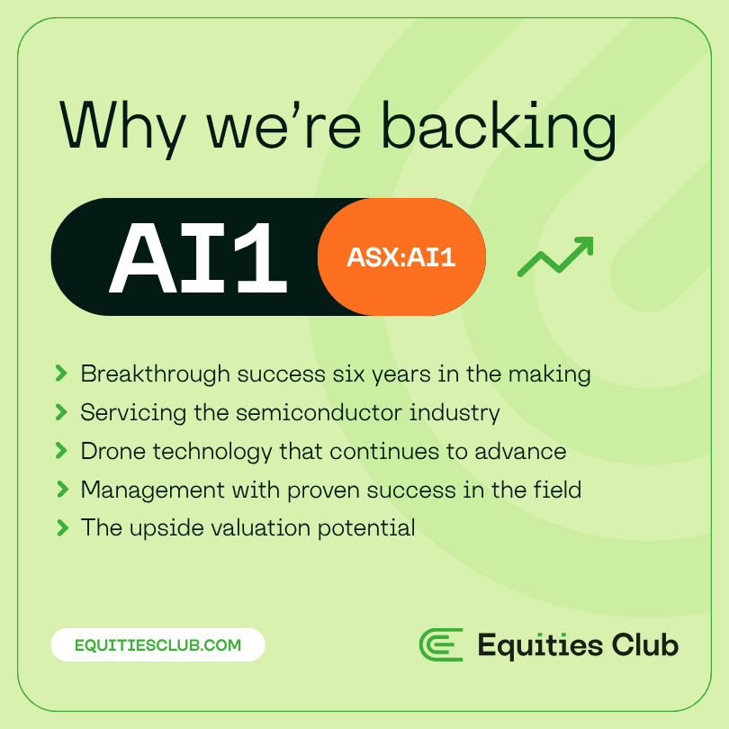 Equities Club graphic explaining reasons for backing AI1 (ASX:AI1), including semiconductor exposure, advancing drone tech, strong management and valuation upside.