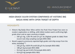 Exultant Mining ASX announcement: high-grade silver confirmed at historic Big Badja Mine with open depth target and strong rock chip assays.