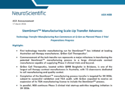 NeuroScientific ASX announcement: StemSmart manufacturing transfer to Q-Gen advances Phase 2 trial preparations, dated 17 March 2026