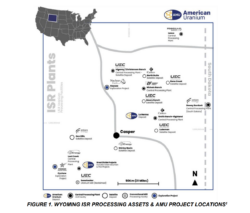 Map of Wyoming ISR uranium processing assets showing AMU projects near Casper and surrounding processing plants and deposits