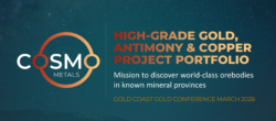 Cosmo Metals slide: high-grade gold, antimony and copper project portfolio; mission to discover ore bodies in known province