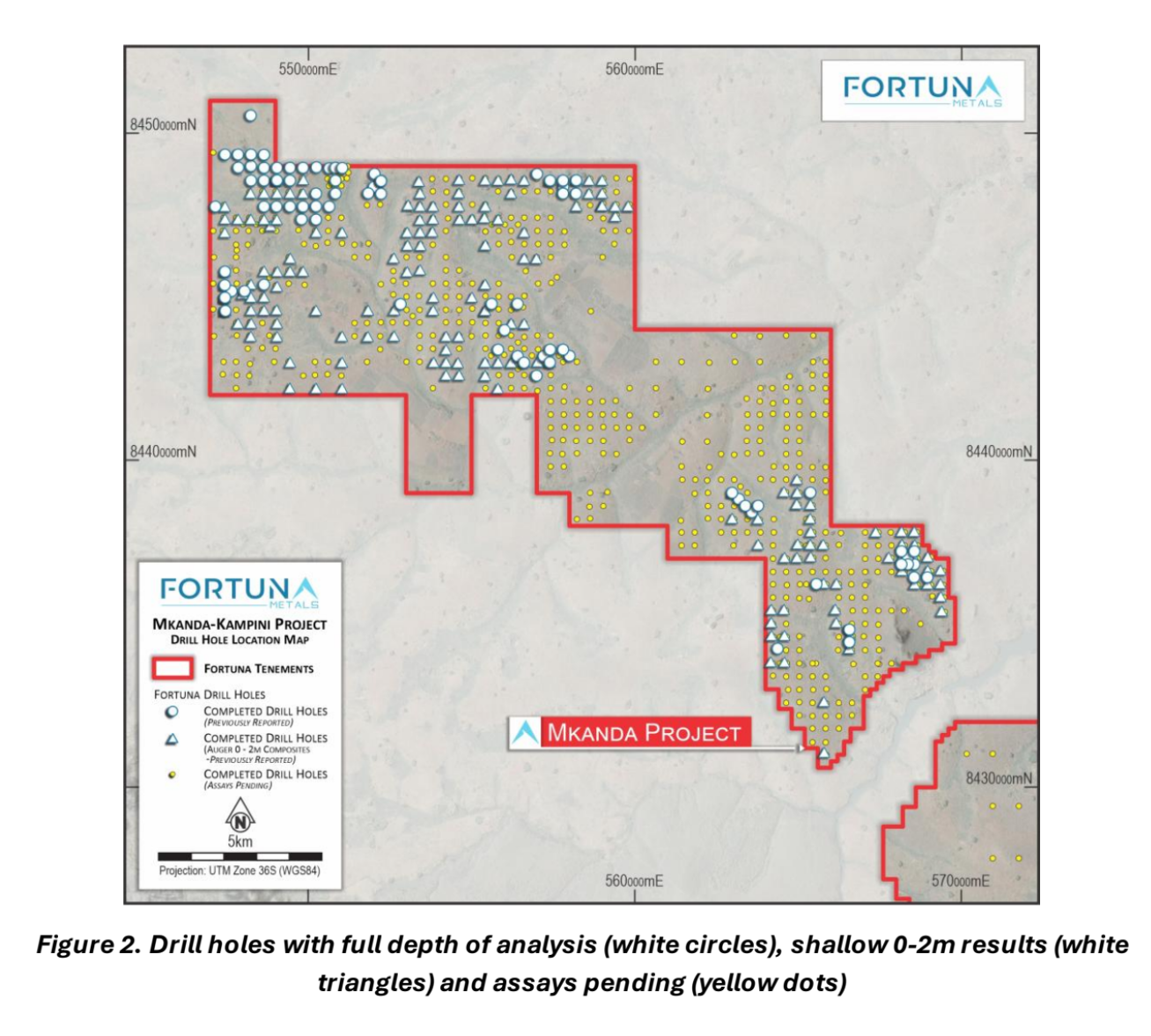 Map of Fortuna Metals’ Mkanda-Kampini project showing drill hole locations, with full-depth results (white circles), shallow results (triangles) and pending assays (yellow dots).