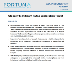 Fortuna Metals announcement slide outlining Mkanda exploration target of 180–240Mt at 0.86–1.0% rutile and planned 2026 drilling to expand resource potential.