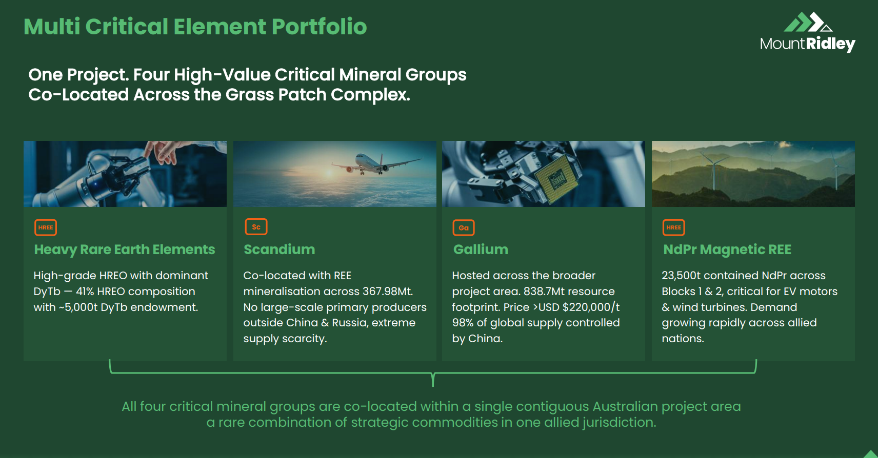 Slide showing Mount Ridley multi critical mineral portfolio including HREE, scandium, gallium and NdPr across Grass Patch Complex.