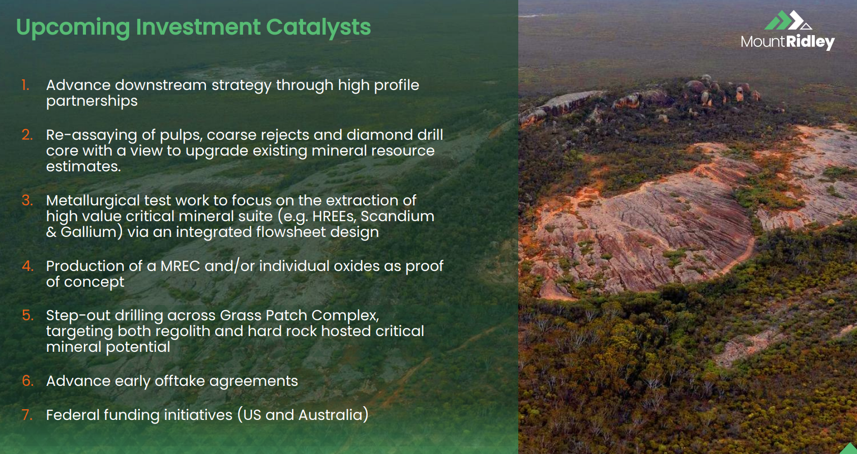 Slide listing Mount Ridley upcoming investment catalysts beside aerial view of Grass Patch complex outcrop and bushland.