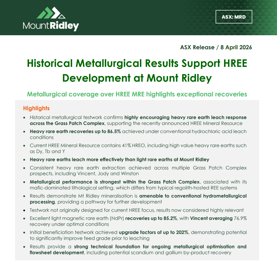 ASX release slide showing Mount Ridley HREE metallurgical results with recoveries up to 86.5% and 41% HREO at Grass Patch Complex