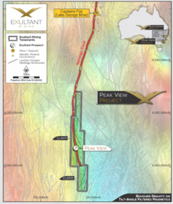 Map showing Peak View Project tenements along the Narongo Fault south of Captains Flat mine within the Lachlan Fold Belt corridor.