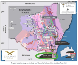 Map of the Lachlan Fold Belt showing Exultant Mining’s Peak View Project in southern New South Wales near Victoria border among major mines.