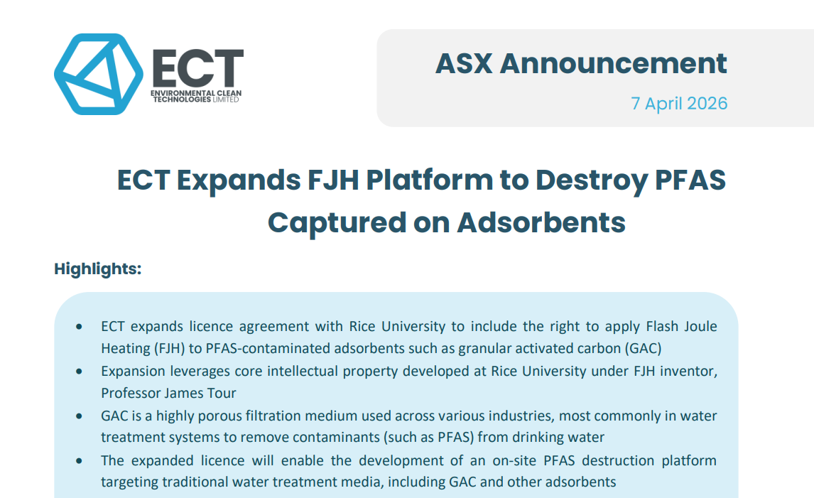 ECT ASX announcement: expands Flash Joule Heating licence to destroy PFAS captured on activated carbon adsorbents (7 April 2026)