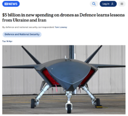 Front-on view of stealth military drone on runway outside hangar, featured in ABC News story on $5bn Australian defence drone spending