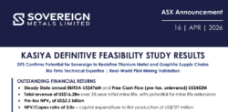 Sovereign Metals slide summarising Kasiya DFS with US$476m annual EBITDA, US$2.2b NPV and US$6.2b revenue over 25-year mine life